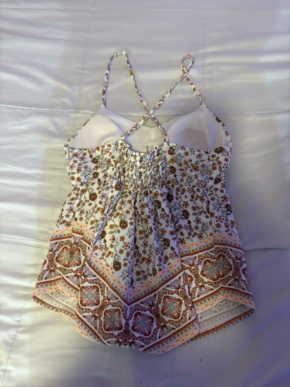 No Boundaries Floral Smocked Cami Tank Top - White, Brown, Orange